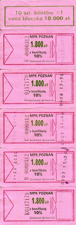 Bloczek biletów MPK Poznań za 1800 zł